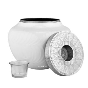 Ample Serenity Modern White Candlelight Urn with its unique candle-holder lid resting beside the white swirl urn