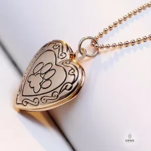 A shiny gold heart-shaped photo locket engraved with a paw print and filigree, on a matching ball chain, for pet memorial.