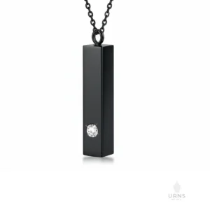 Black stainless steel bar urn necklace with a crystal, perfect memorial jewellery for ashes Australia. Discreet necklace to hold ashes Australia.
