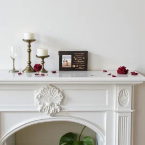 Close-up of a wooden pet urn for dog ashes on a white mantel, highlighting the photo frame, engraved poem, and surrounding candles.
