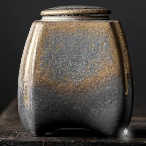 A detailed close-up of the 'Gilded Earth' ceramic pet urn, showing the intricate rustic bronze and dark metallic glaze texture, resting on dark wood.