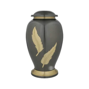 Gunmetal grey metal cremation urn featuring engraved gold feather details and a threaded lid, standing on a white background.