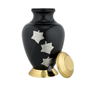 10-inch 'Midnight Maple' adult brass urn shown with the lid off, revealing the spacious interior and secure threaded opening for ashes.