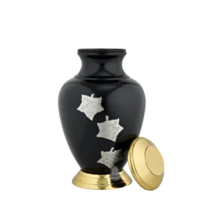 7-inch 'Midnight Maple' medium brass urn shown with its lid off, displaying the threaded opening and interior chamber for sharing ashes.