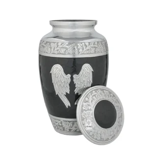 Black angel wings adult urn shown with the secure threaded lid off, revealing the interior chamber for human ashes.