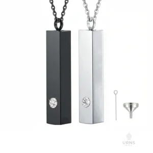 Black and silver Minimalist Bar Urn Necklaces shown with the filling kit (funnel and pin) included for easy placement of ashes.