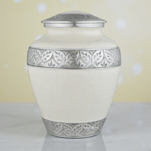 ingle Silver Lining White Adult Cremation Urn against a vibrant, reflecting yellow background.