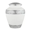 Silver Lining White Adult Cremation Urn for Human Ashes, shown complete with its hand-carved silver lid securely closed.