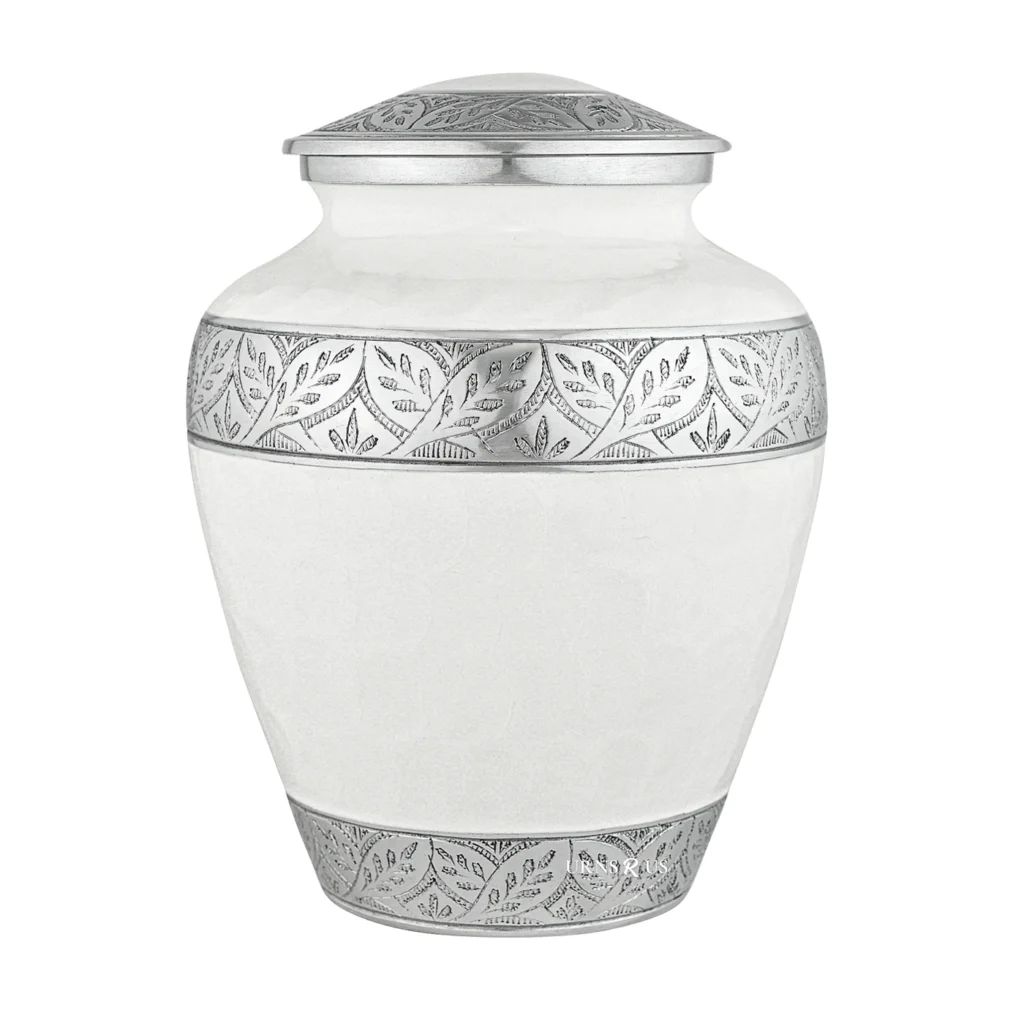 Silver Lining White Adult Cremation Urn for Human Ashes, shown complete with its hand-carved silver lid securely closed.
