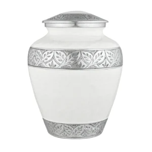Silver Lining White Adult Cremation Urn for Human Ashes, shown complete with its hand-carved silver lid securely closed.