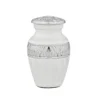 Silver Lining White Keepsake Cremation Urn for ashes, shown small and complete with its secure, hand-carved silver lid.