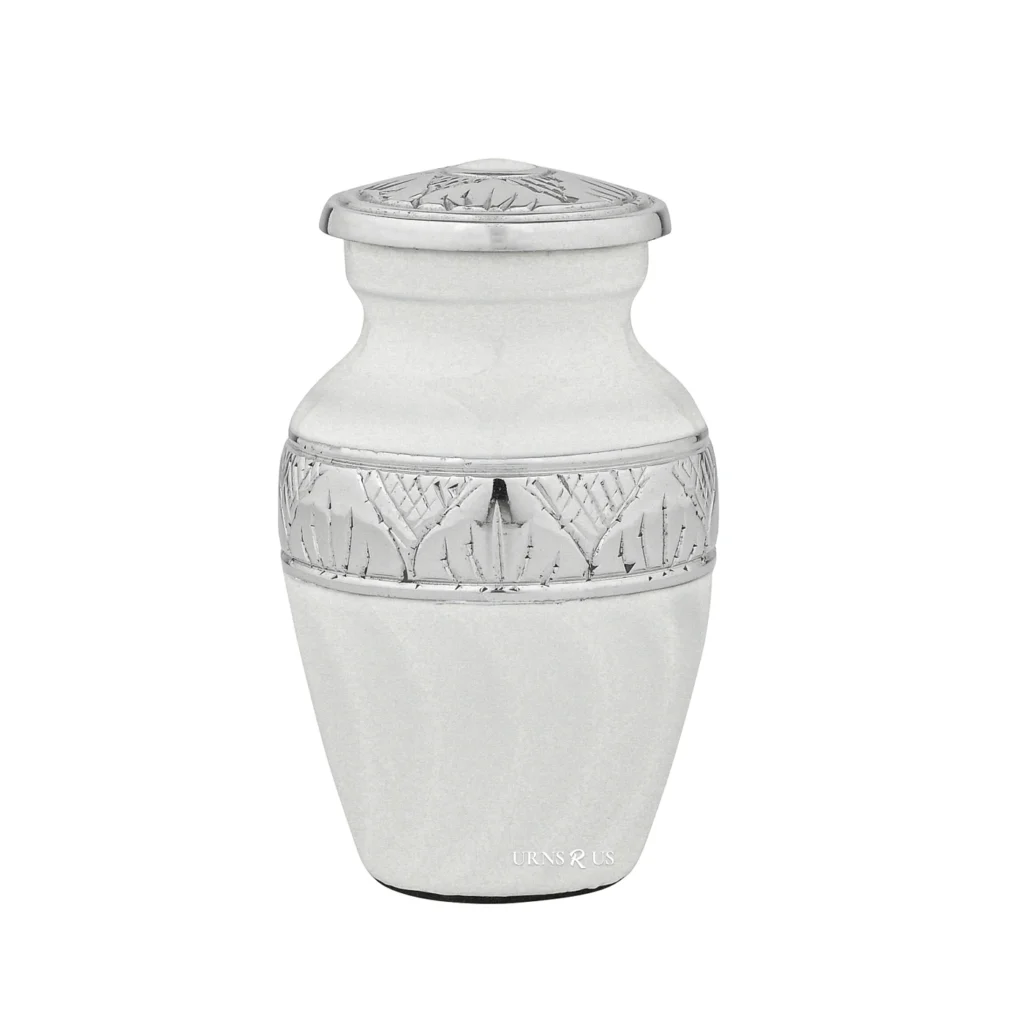 Silver Lining White Keepsake Cremation Urn for ashes, shown small and complete with its secure, hand-carved silver lid.