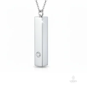 Polished silver Minimalist Bar Memorial Pendant with a crystal. Durable Stainless Steel Urn Necklace Australia for human ashes or pet hair.