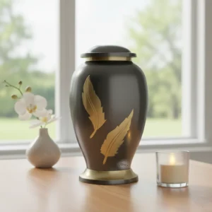Ascending Spirit cremation urn displayed against a soft-focus nature background, highlighting the gunmetal finish and gold leaf details.