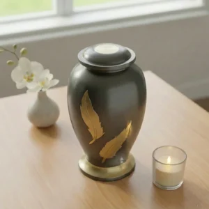 Top-down view of the Slate and Gold cremation urn, showing the smooth brushed gunmetal lid and the gold brass ring at the neck.