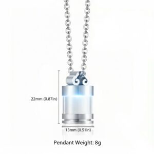 Enhanced image of a stainless steel cremation urn necklace showing 22mm (0.87in) height, 13mm (0.51in) width, and 8g pendant weight.