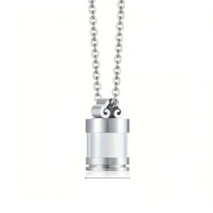 Stainless steel urn necklace for ashes with dimensions shown, 22mm pendant and 50cm chain.