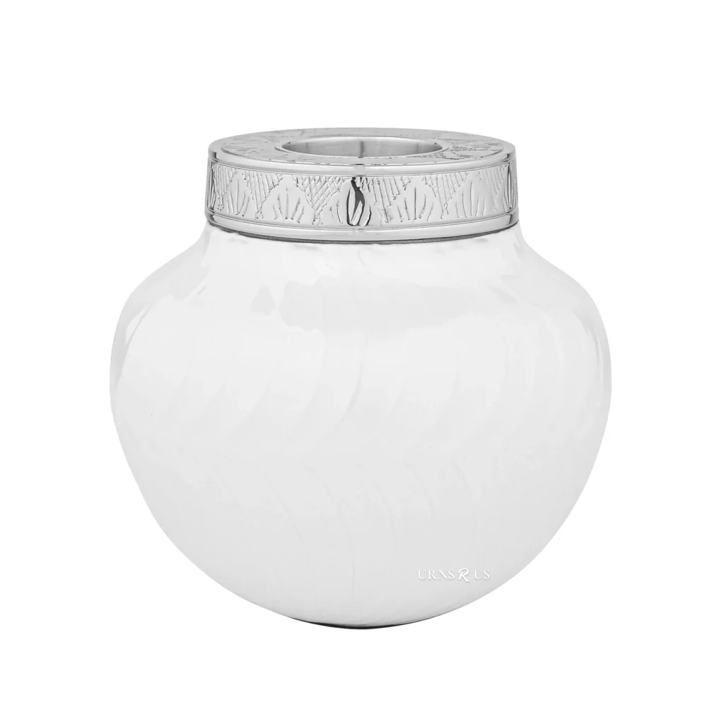 Pure Serenity White Candlelight Infant Urn shown complete, a pure white urn for a baby's ashes.