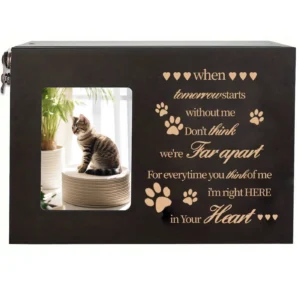 Dark wooden pet urn for cat ashes, featuring the replaceable photo frame slot displaying a picture of a cat, alongside the engraved "When tomorrow starts" memorial poem.