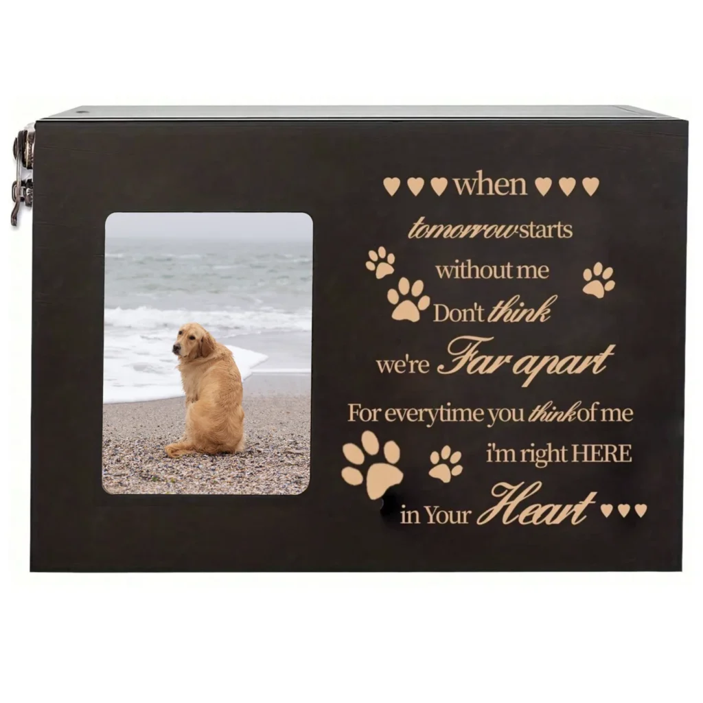 A dark wooden pet urn for dog or cat ashes, featuring a personal photo frame slot and an engraved "When tomorrow starts" memorial poem.