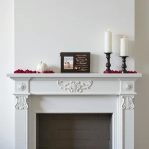 Wooden pet urn for dog ashes displayed on a white fireplace mantel with candles and rose petals, creating a comforting memorial.