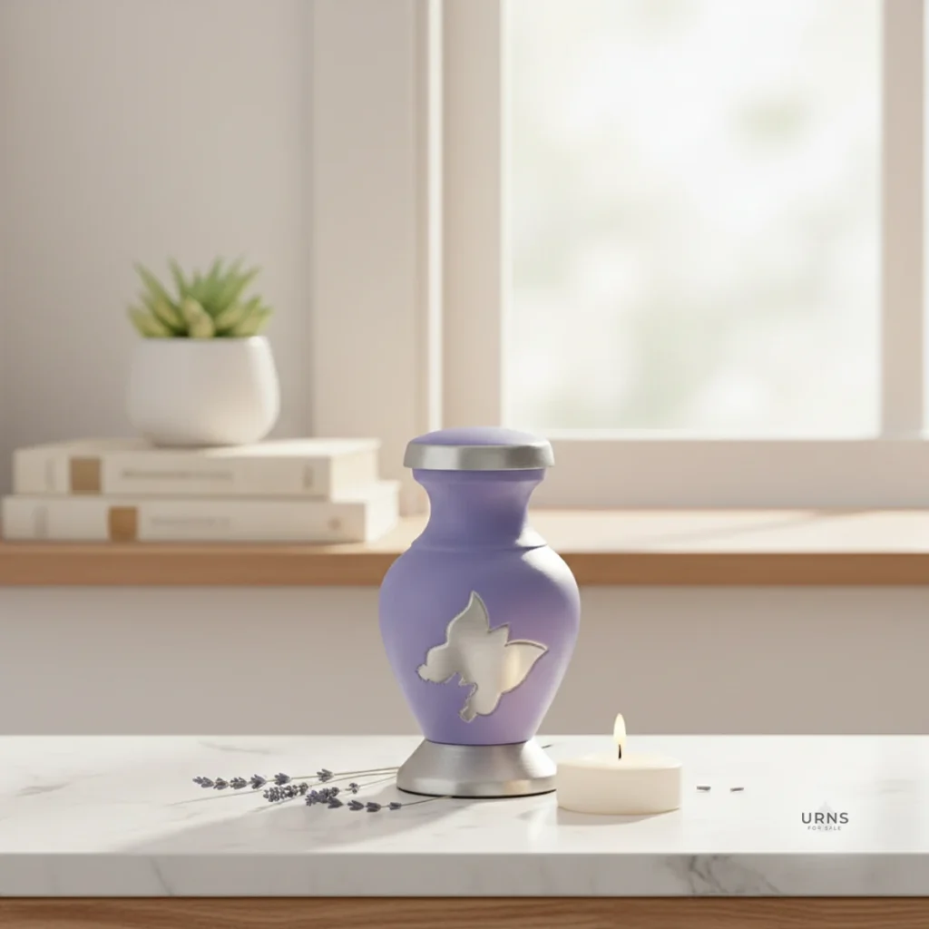 Elegant 3-inch Aria Lavender Keepsake Urn (purple), displayed in a serene interior setting with soft light, ideal for a token ashes memorial.