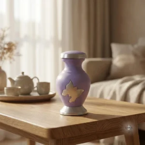Aria Lavender Keepsake Urn in soft purple with silver butterfly design, placed on a natural wood table in a warm, sunlit living room setting.