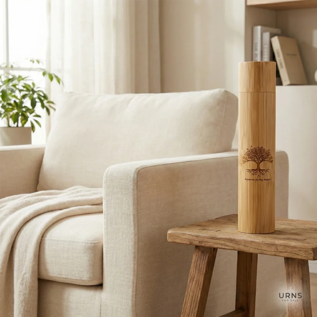 Biodegradable bamboo pet scattering urn with Tree of Life engraving displayed on a side table next to a sofa in a serene home setting