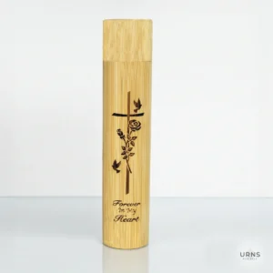 High-quality square view of biodegradable bamboo pet scattering urn featuring Tree of Life engraving and Forever in my heart text on white background