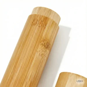 Close-up view showing the natural wood grain texture and joint detail of the biodegradable bamboo pet scattering urn lid.