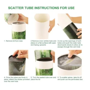 Green Forest Scattering Tube cremation container displayed in a tranquil, sunlit forest setting beside a stream, illustrating its use in a natural memorial ceremony.