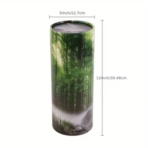 Dimensions photo of the Green Forest Scattering Tube for Ashes, showing the container measures 12 inches / 30.48cm in height and 5 inches / 12.7cm in diameter