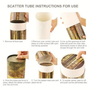 Step-by-step instructions showing how to use the Sunlit Forest Scattering Tube to safely scatter ashes. It details removing the lid, pushing out the perforated disc for the dusting hole, and using the vents for smooth release.