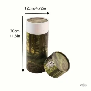 Instructional view of the Sunlit Forest Scattering Tube with the lid removed, showing the inner white tube and confirming the dimensions are 12 inches (30.48cm) high and 5 inches (12.7cm) wide. This image illustrates the two-piece design for easy filling.