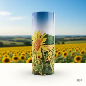 Sunflower Fields Biodegradable Scattering Tube for human or pet ashes, featuring a cheerful sunflower pattern design. This eco-friendly cremation urn measures 30 cm (12 inches) high and 12 cm (5 inches) wide.