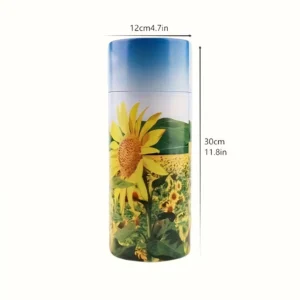 Dimensions image of the Sunflower Fields Scattering Tube, confirming the size is 30 cm (12 inches) in height and 12 cm (5 inches) in diameter. This illustrates the capacity for adult or pet ashes.