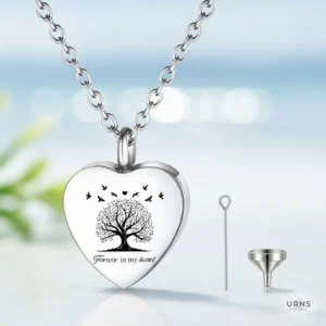 Stainless Steel Heart Urn Necklace for Ashes with Tree of Life Design - Waterproof Memorial Cremation Jewelry Pendant featuring Forever in My Heart Inscription and Filling Kit