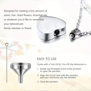 Stainless steel heart urn necklace for ashes featuring a Tree of Life design and 'Forever in My Heart' inscription, shown with a funnel and rod filling tool kit