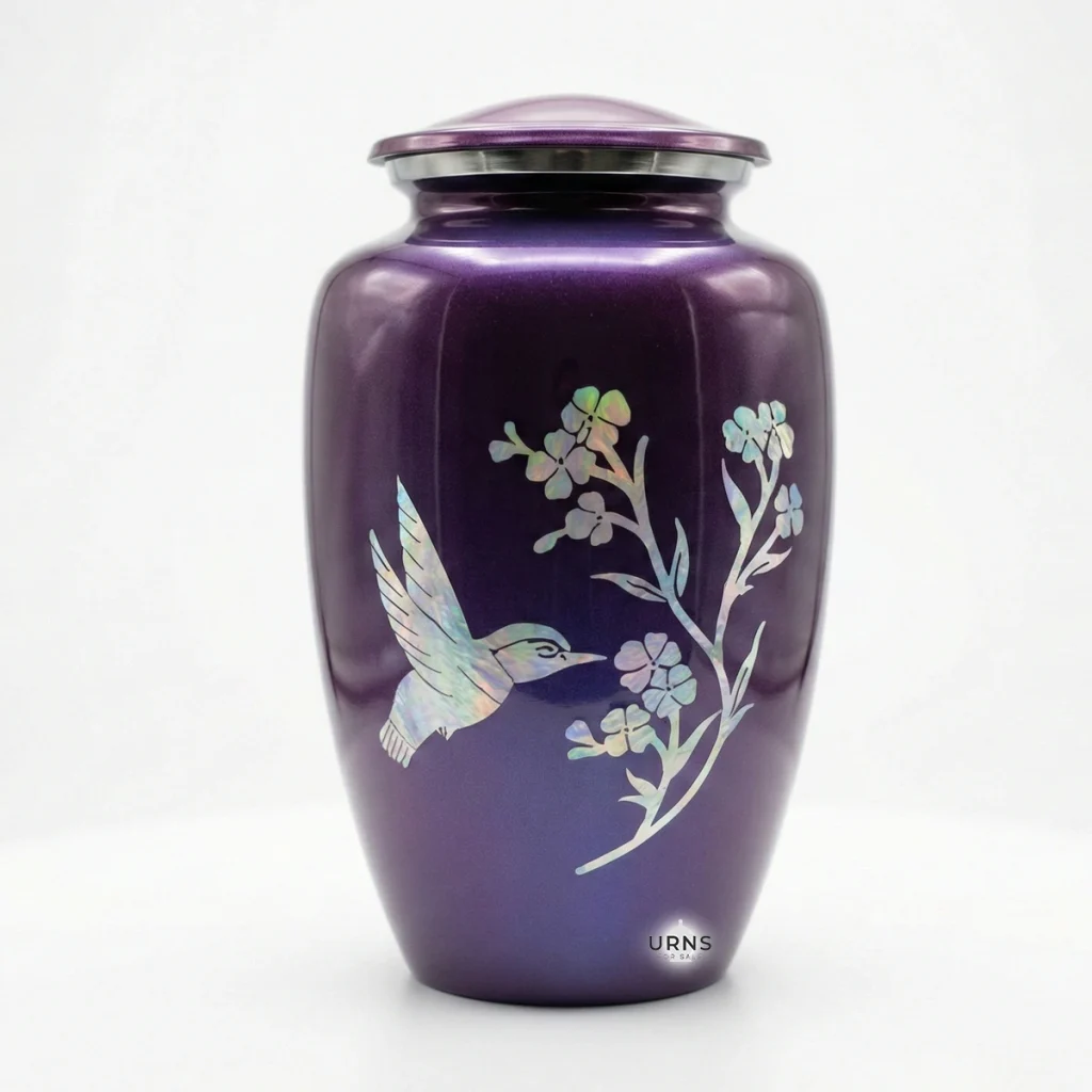 Studio front view of the Amethyst Twilight purple adult cremation urn featuring an iridescent hummingbird and flower design on a seamless white background.