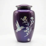 The "Amethyst Twilight" Purple Hummingbird Urn – Adult Cremation Urn for Human Ashes – Iridescent Floral Design – Deep Purple Finish with Silver Trim