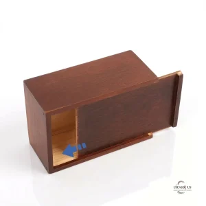 Wooden urn for pet ashes showing back opening compartment for secure storage