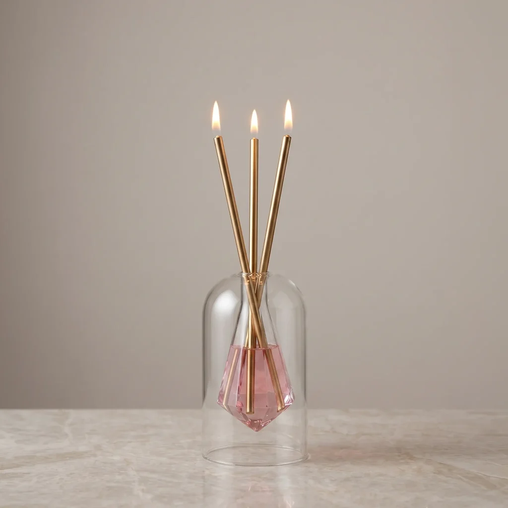 Three lit gold wicks resting in a geometric vessel encased in a clear glass dome, serving as the Aurora everlasting memorial candle.