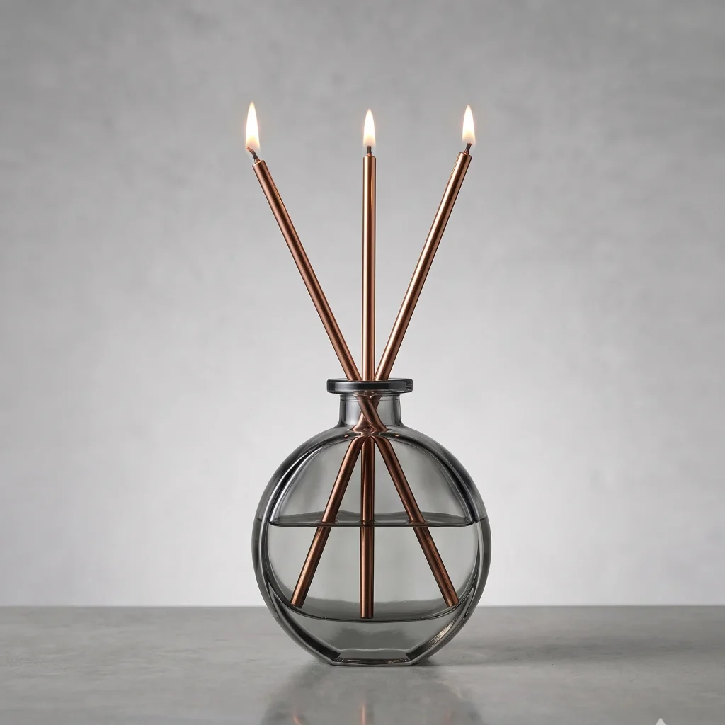 Three lit metal wicks resting in a rounded globe glass vase filled with oil, sitting on a glass table in a modern living room serving as an everlasting memorial candle.