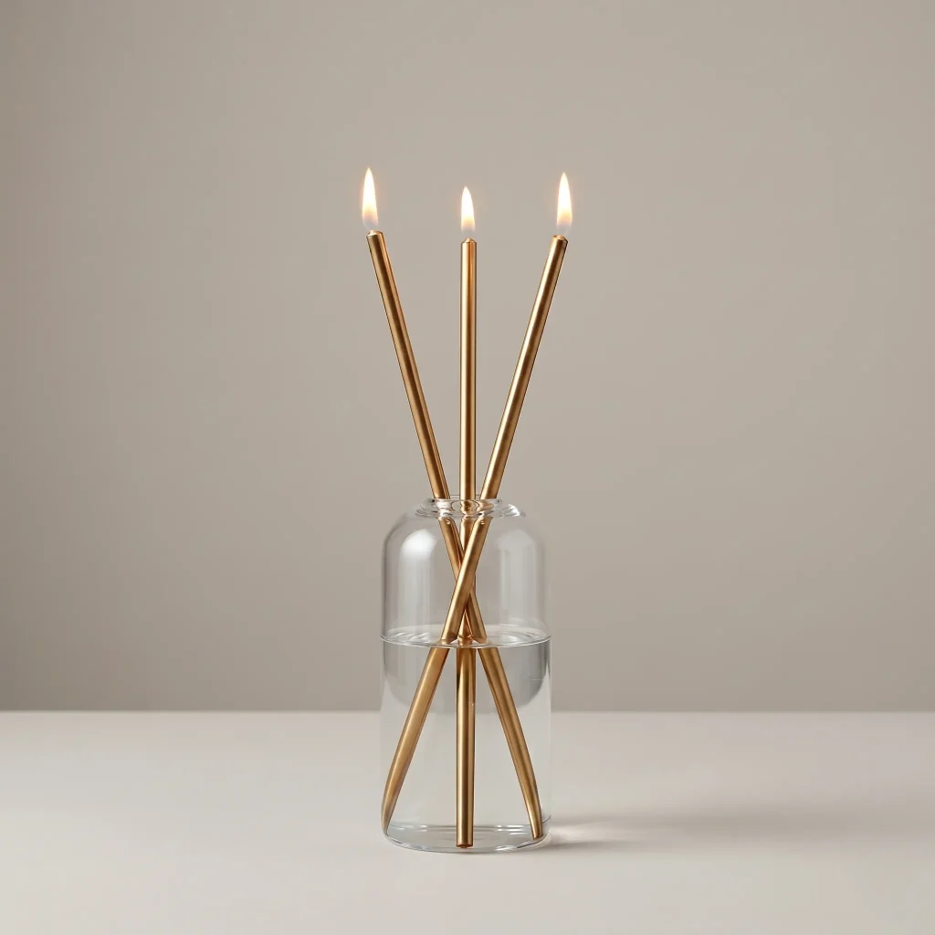 Three lit metal wicks resting inside a clear glass cylinder vase filled with transparent oil, serving as an everlasting memorial candle.