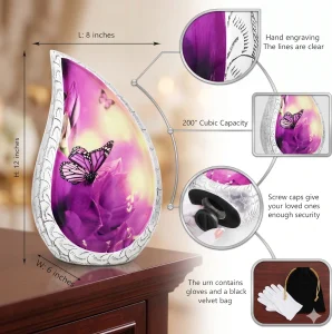Infographic detailing the dimensions and features of the purple butterfly teardrop cremation urn, showing its 12-inch height, 200 cubic inch capacity, secure bottom screw cap, and included velvet bag with gloves.
