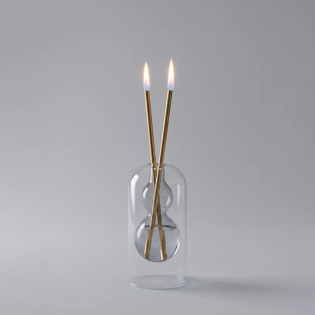Glowing golden wicks resting in a twin-sphere glass vessel encased in a clear glass dome, serving as the Vanta everlasting memorial candle against a minimalist background.