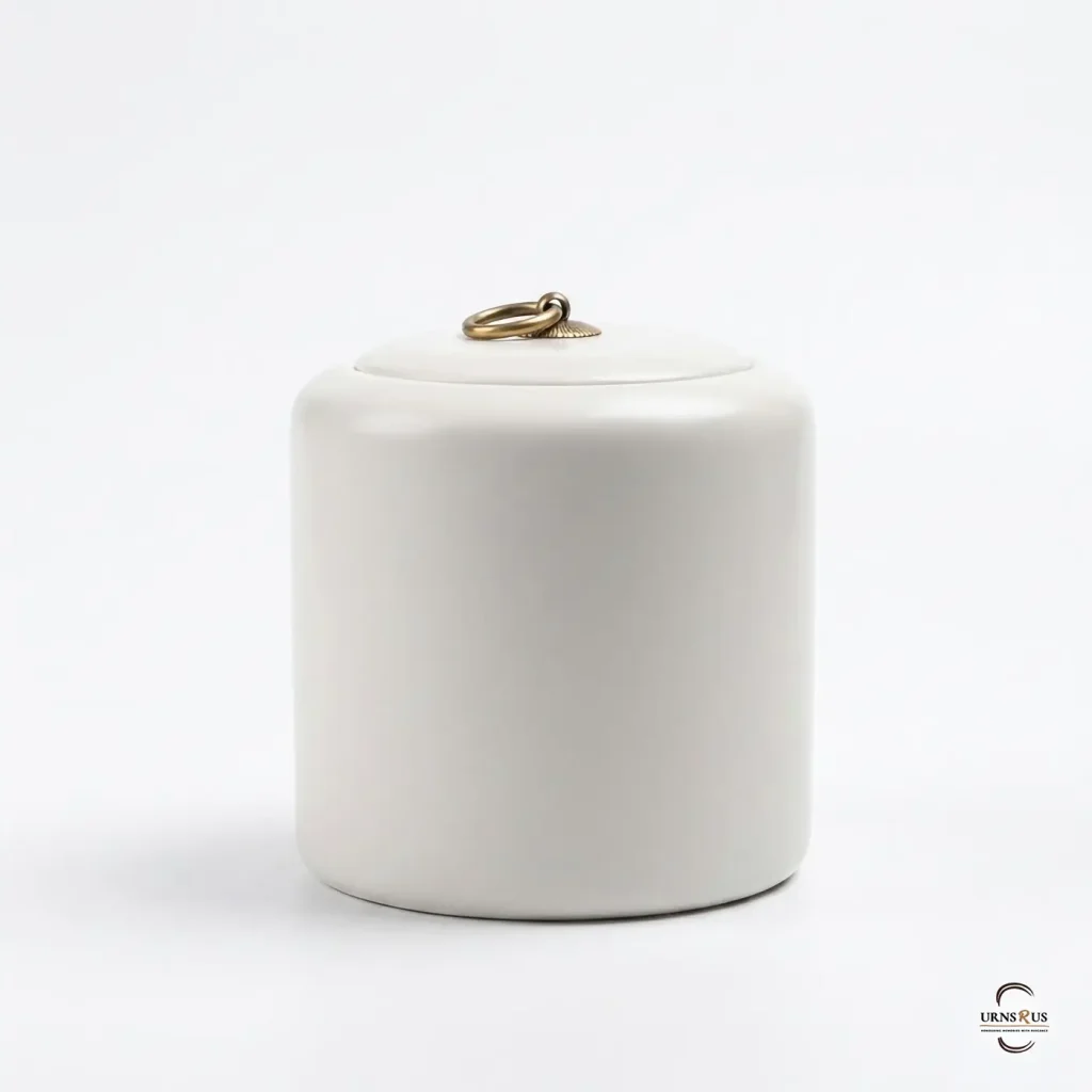 A high-gloss Alabaster Zen Ceramic Cremation Urn featuring an alabaster finish and a brass ring lid, isolated on a clean white background.