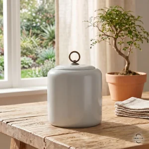 The Alabaster Zen Ceramic Cremation Urn placed on a rustic timber table next to a small bonsai tree and folded linens in a sunlit room.