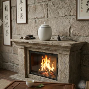 Handcrafted ceramic storage urn displayed on a natural stone fireplace mantle with traditional calligraphy art in the background, highlighting the Shanggu aesthetic.