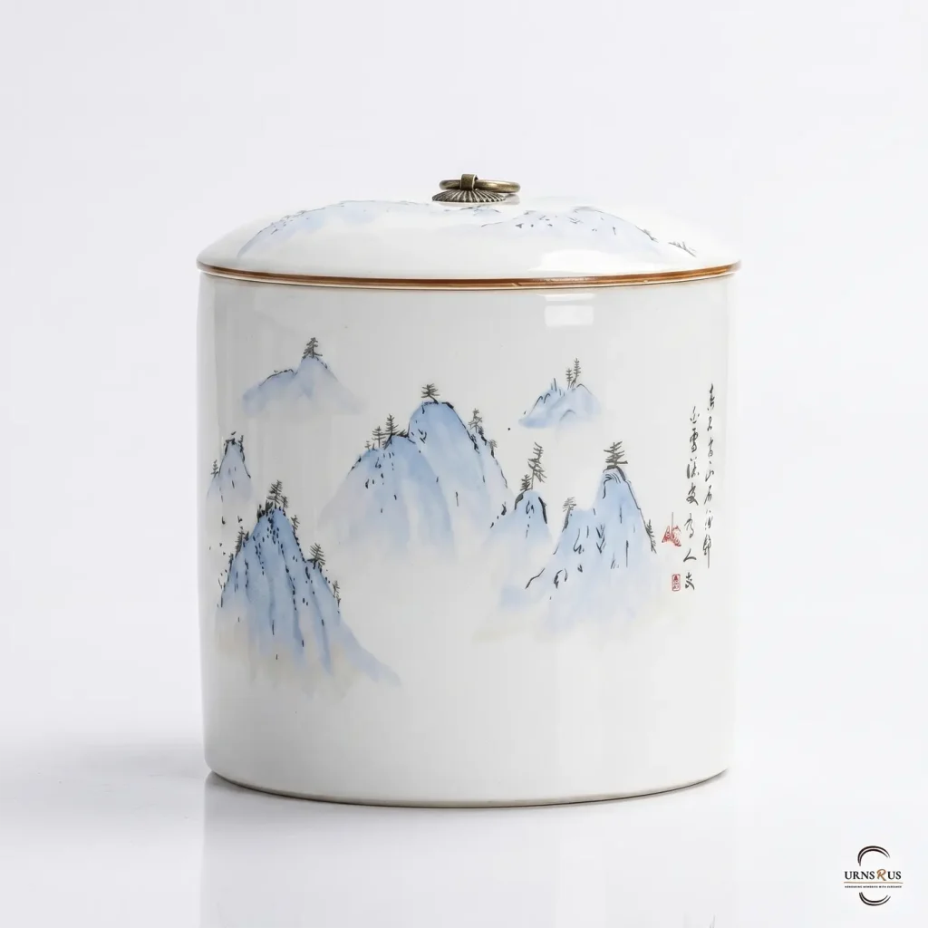 Azure Peaks Ceramic Keepsake Urn with hand-painted floral and butterfly motifs on a clean white background.